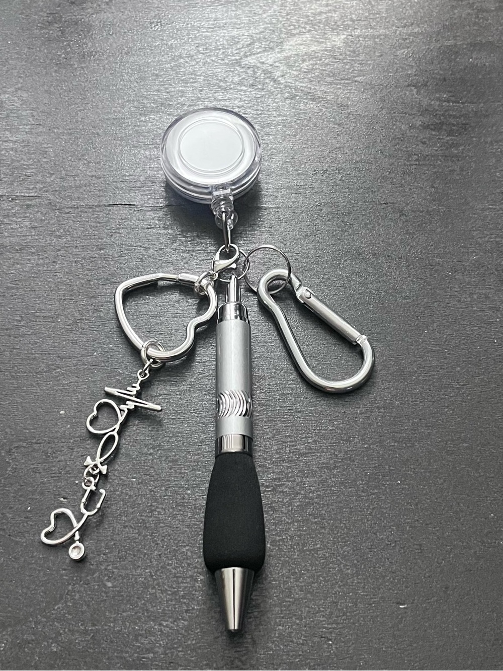Silver Keychain Stylus Pen with Carabiner and Heart Charm - Silver